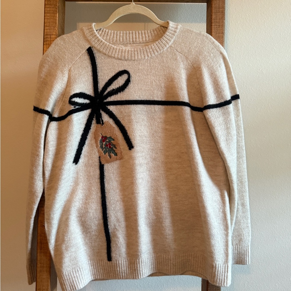 LOFT Cream Sweater with Black Bow Detail